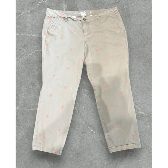 Old Navy Women's Gray Cropped Khaki Pants Embroidered Pink Lobster Design Sz 16 - Picture 1 of 4